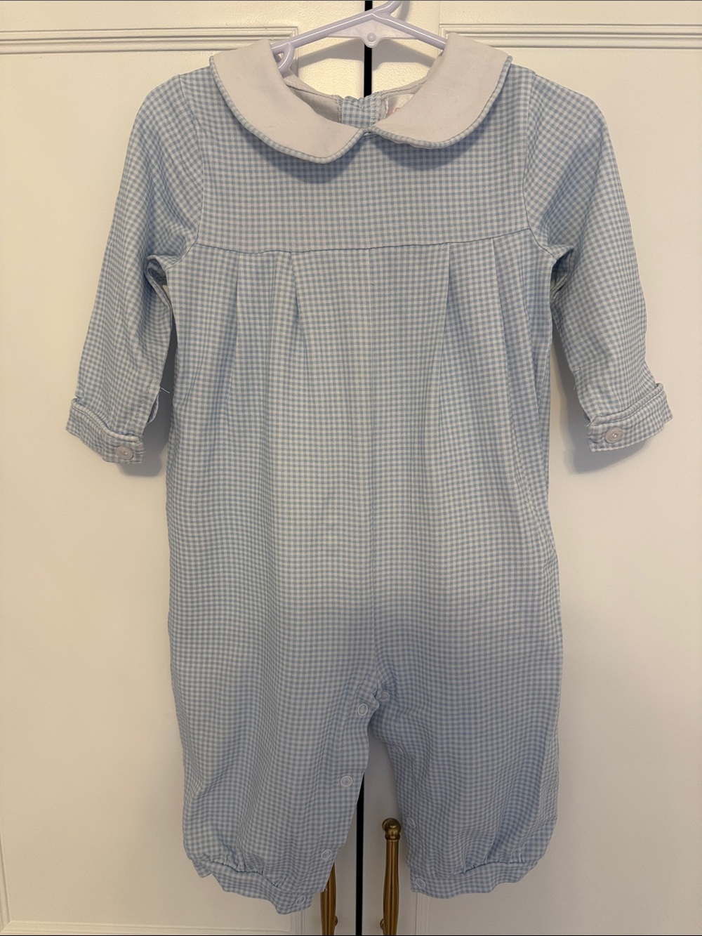 LIKE NEW Light Blue Gingham Peter Pan Collar Longall Romper (Cecil & Lou, 12 Mo)
